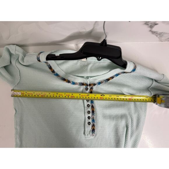 Free People Light Blue Rainbow Thermal Top Sz S Stretch Cuff Embroidered Aztec - Picture 3 of 5